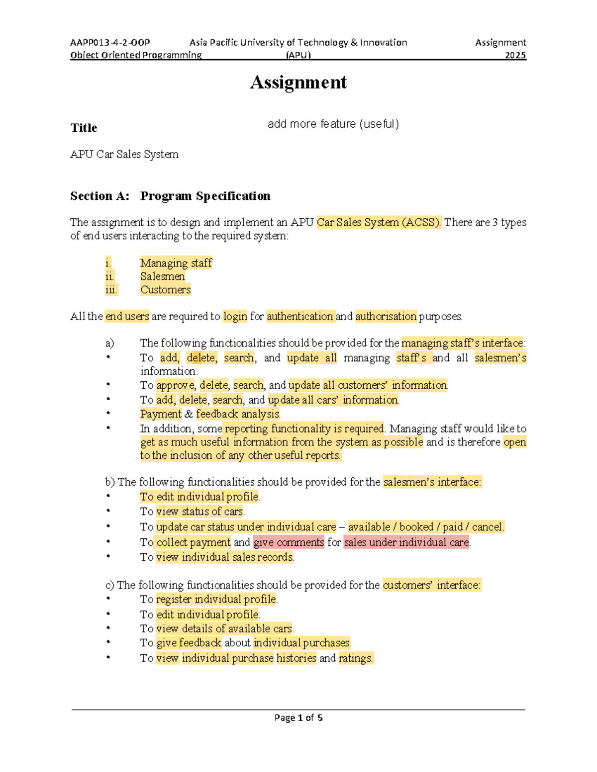 APU 2025 Object Oriented Programming: Car Sales System Assignment - Studocu
