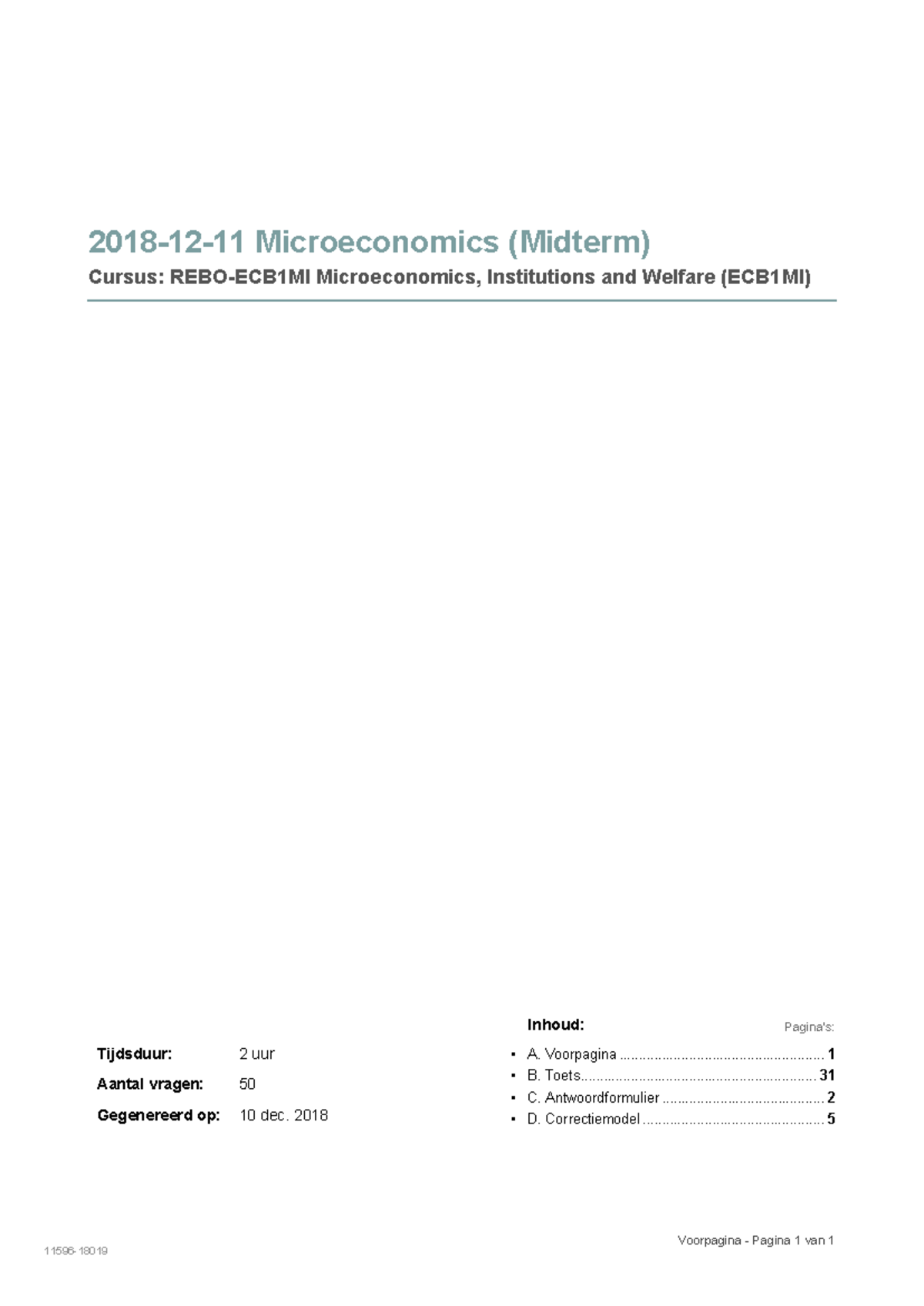 Microeconomics (Midterm) Exam 2018-19 (ECB1MI) with Answers - Studeersnel