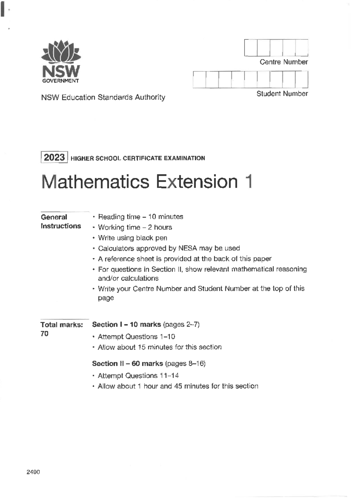 HSC Mathematics Extension 1 2023 Past Exam Paper - Studocu