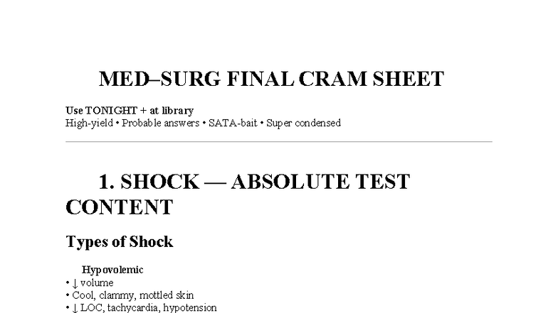 MED-SURG Final Exam Cram Sheet: High-Yield Study Notes - Studocu