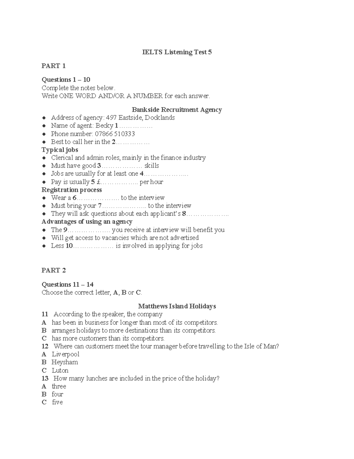 IELTS Listening Test 5: Part 1-4 Notes and Questions - Studocu