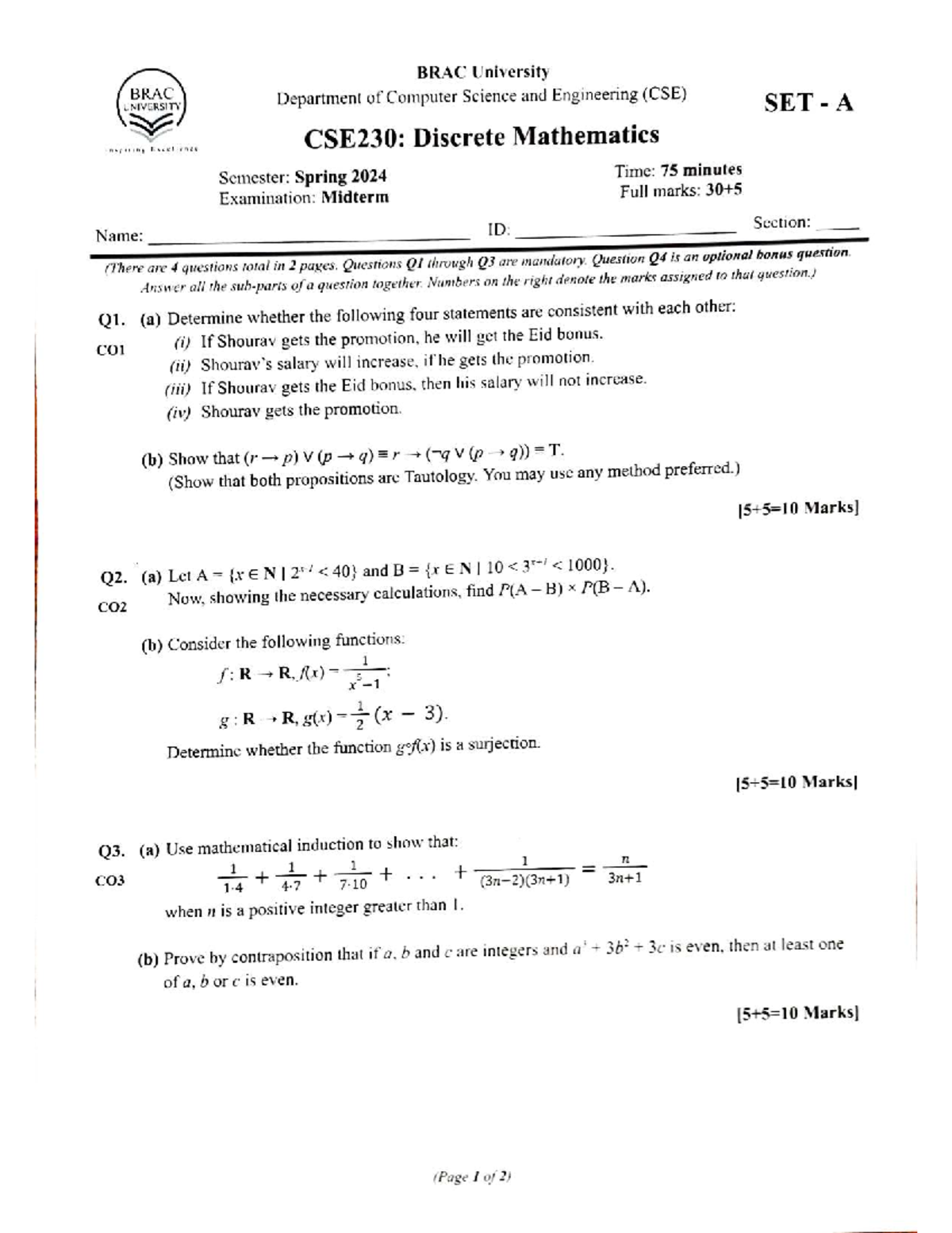 CSE230 Midterm Exam Solutions - Discrete Mathematics Spring 2024 - Studocu
