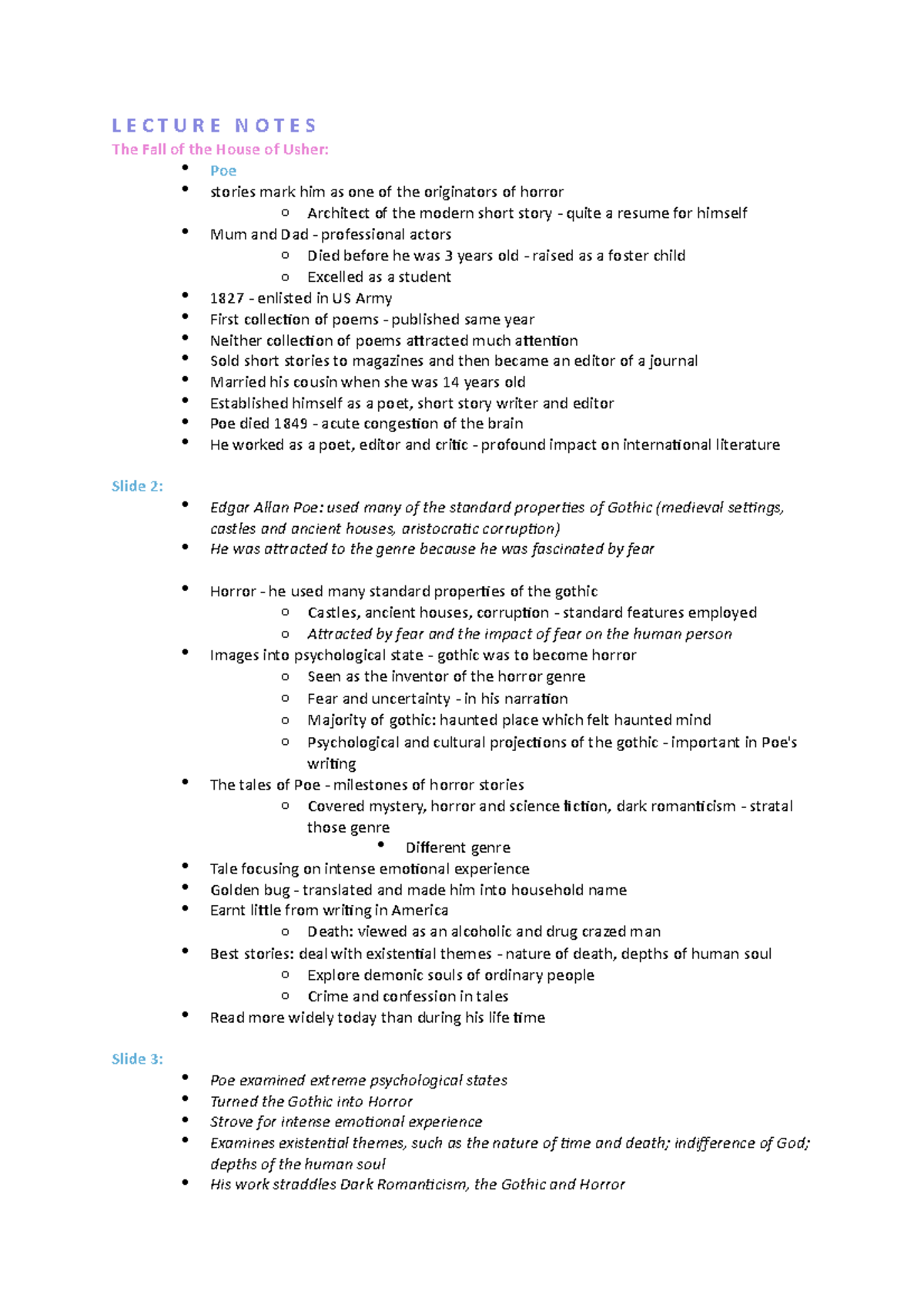Edgar Allan Poe: Lecture Notes on The Fall of the House of Usher - Studocu