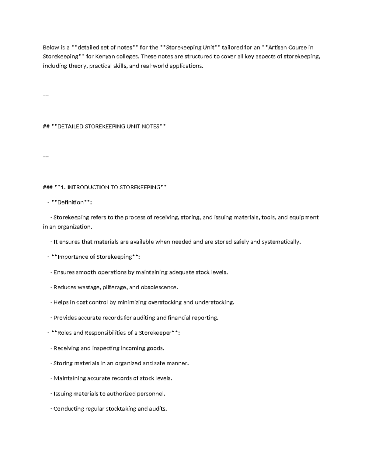 Storekeeping Unit Notes for Artisan Course - Kenyan Colleges - Studocu