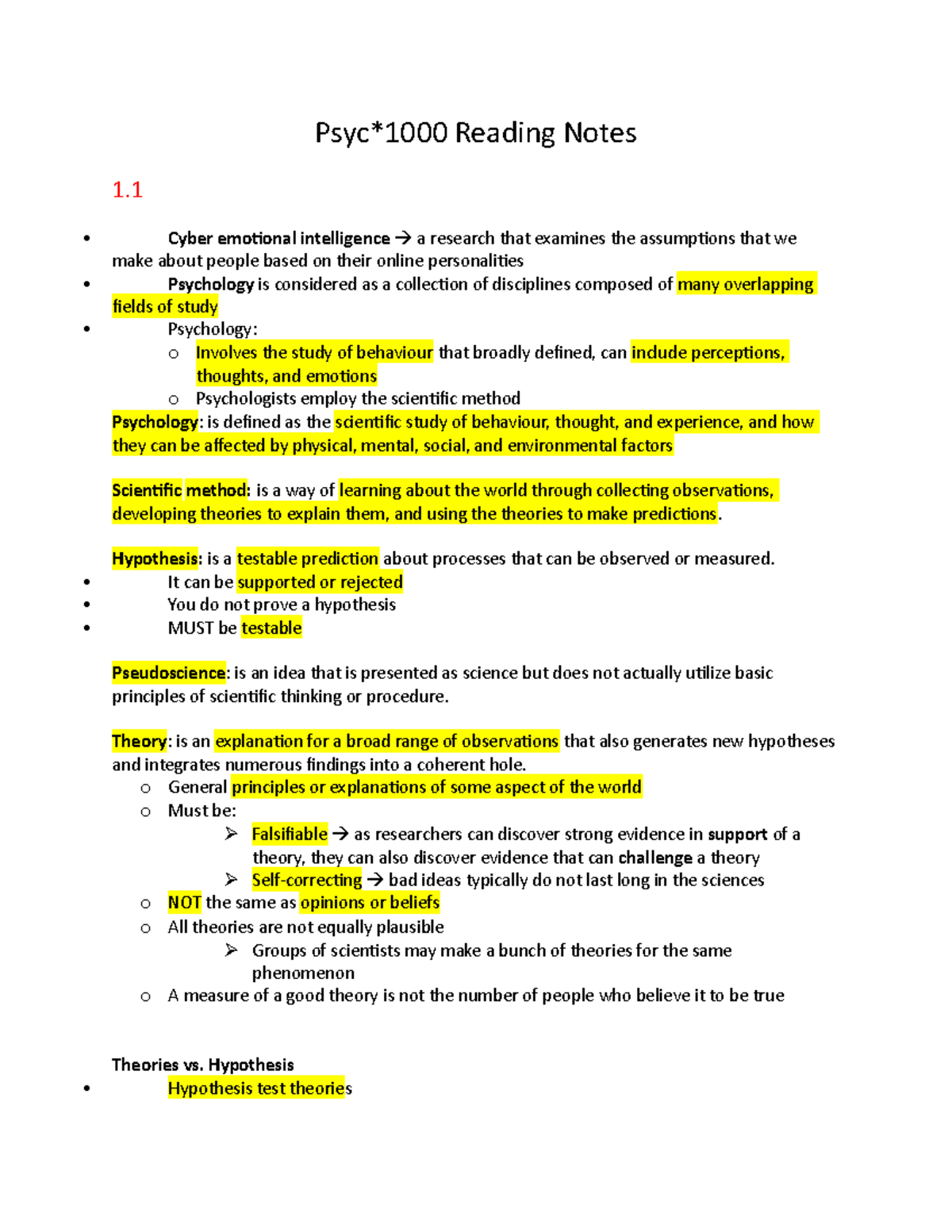 Psyc 1000 Assigned reading notes winter - Psyc*1000 Reading Notes 1 ...