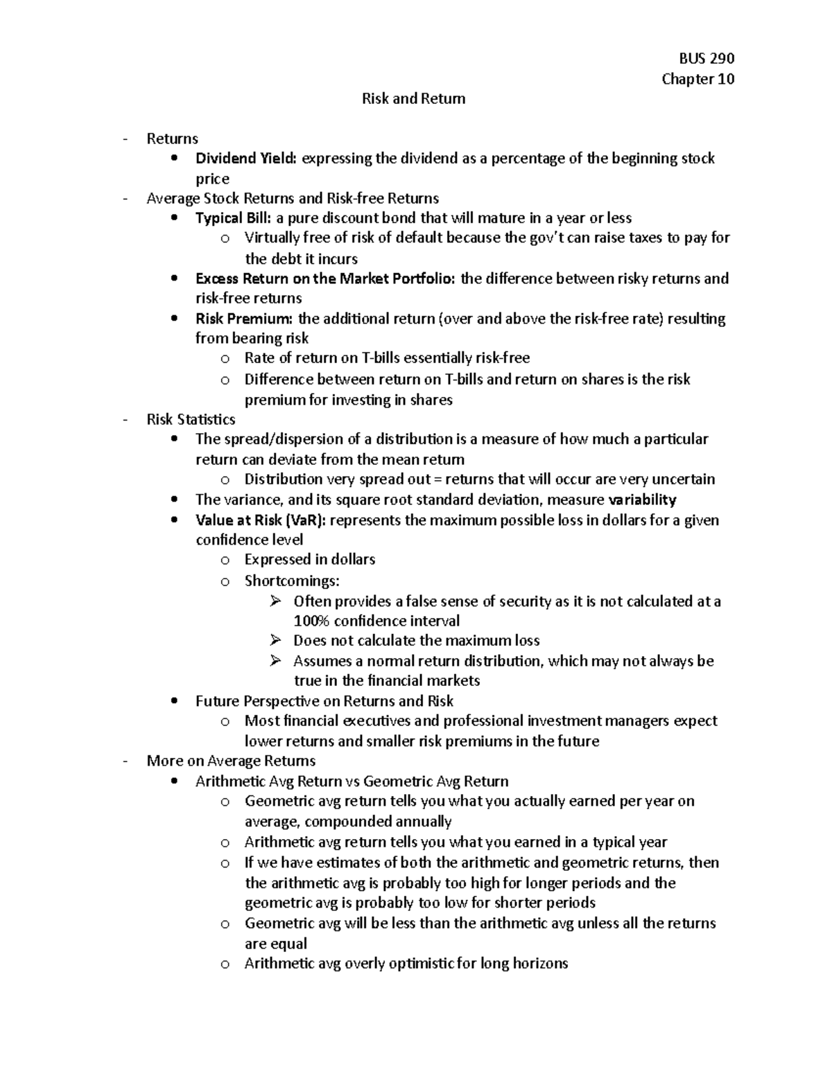 Chapter 10 - Summary of Risk and Return in Corporate Finance (BUS 290 ...