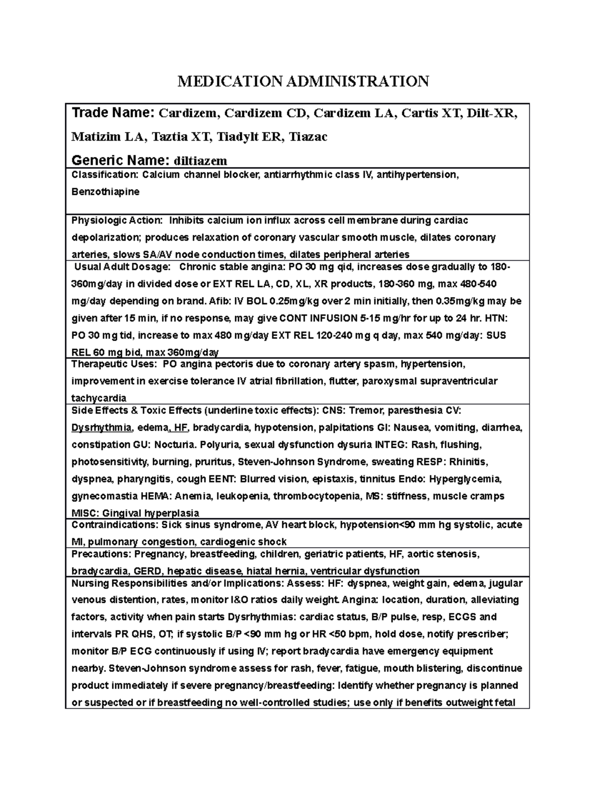 Diltiazem - drug card - MEDICATION ADMINISTRATION Trade Name: Cardizem ...