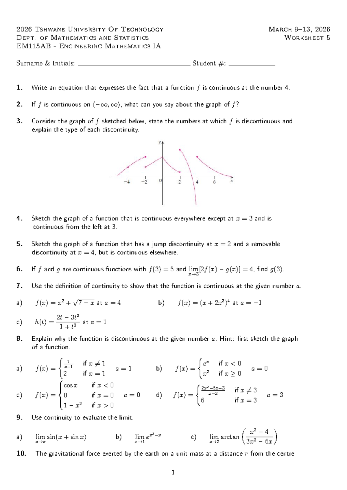 EM115AB Engineering Mathematics IA: Worksheet 5 on Limits & Continuity ...