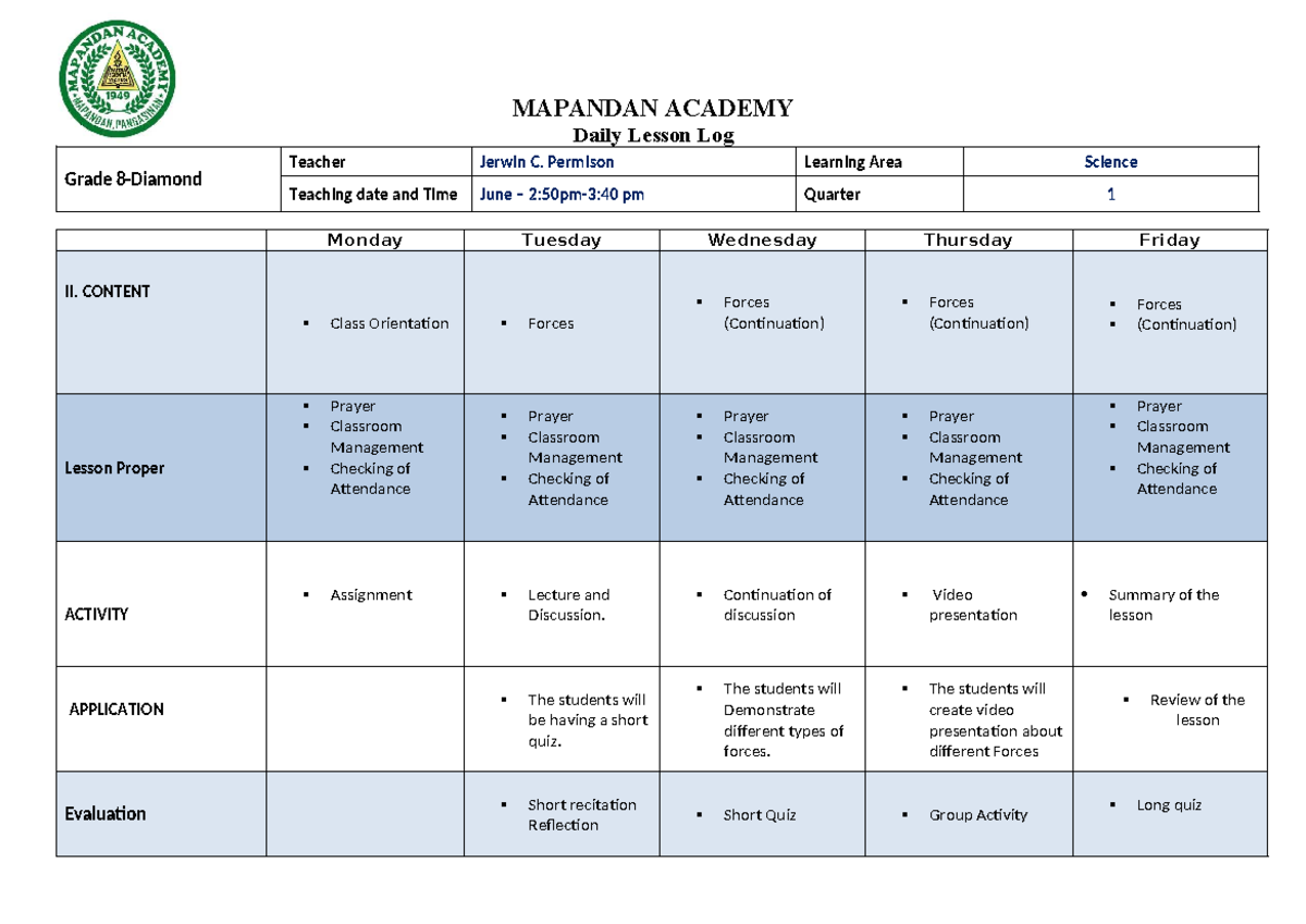 Grade 8 Science Q1 WK1 Daily Lesson Log by Teacher Jerwin C. Permison ...