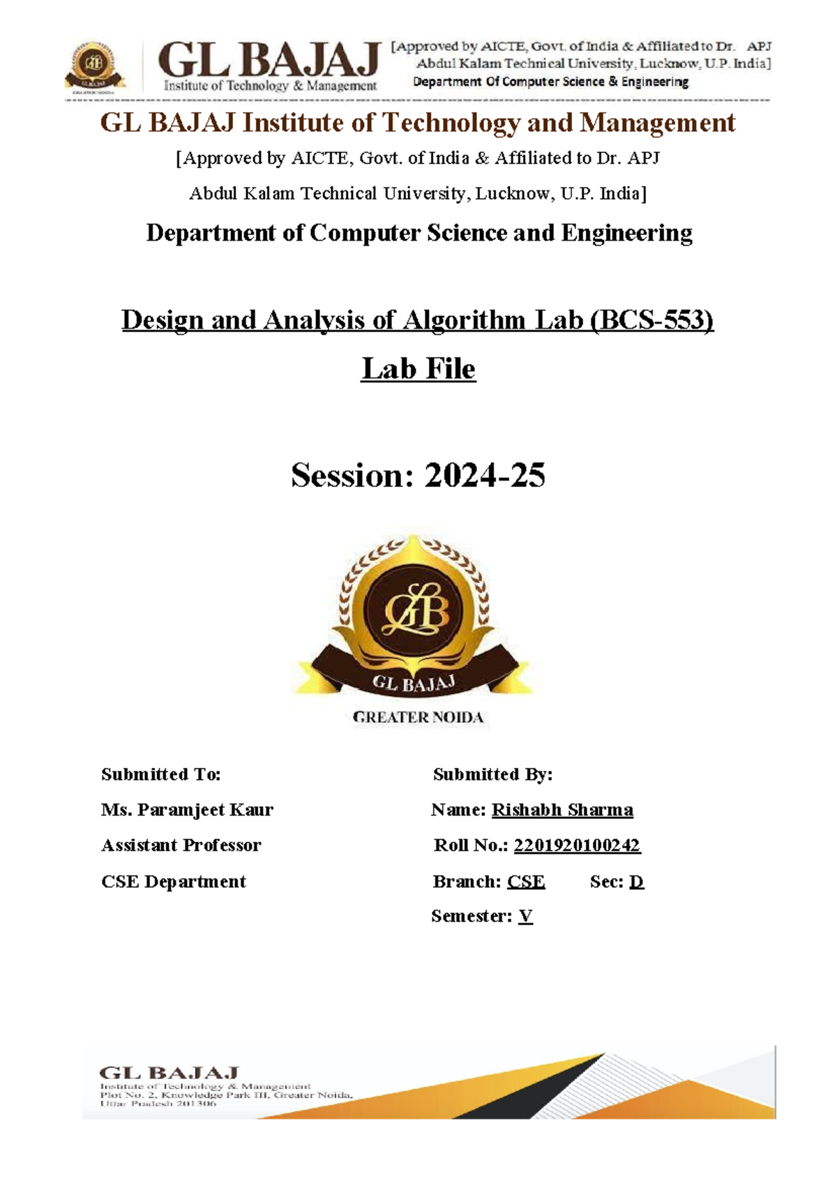 DAA Practical File: Programs 1-4 for CSE 5th Sem - Studocu