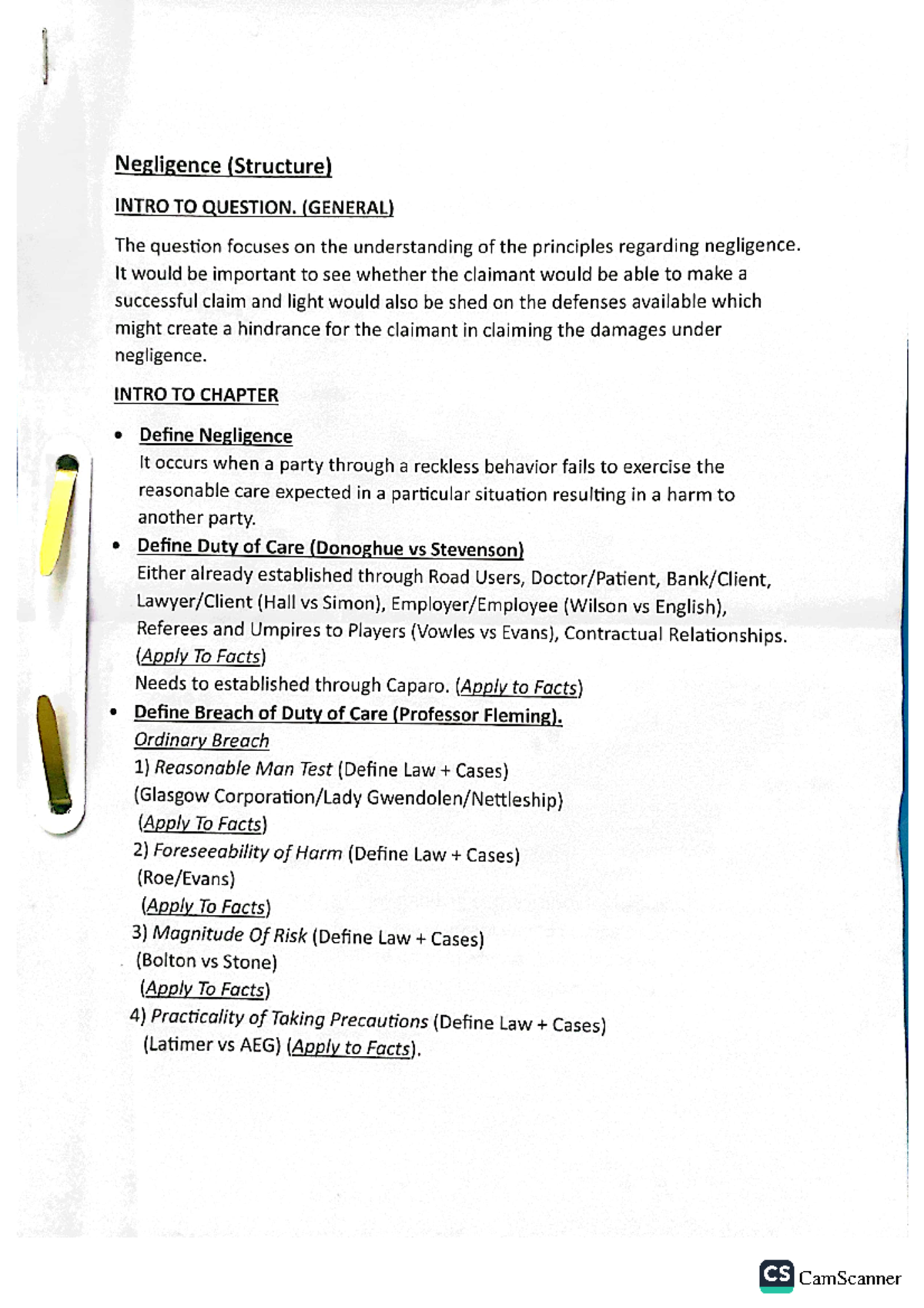 TORT LAW Negligence & Defenses: Key Principles and Case Analysis - Studocu