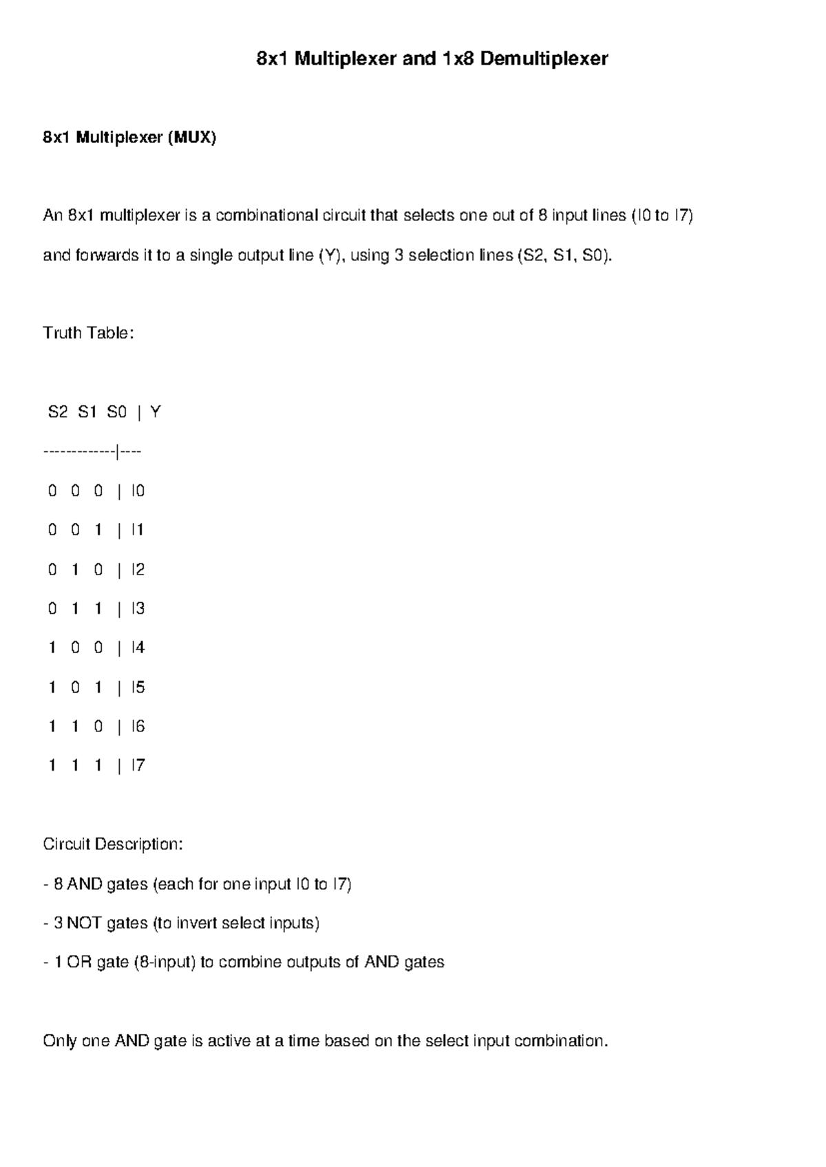 8x1 MUX & 1x8 DMUX Overview - Digital Logic Design Notes - Studocu