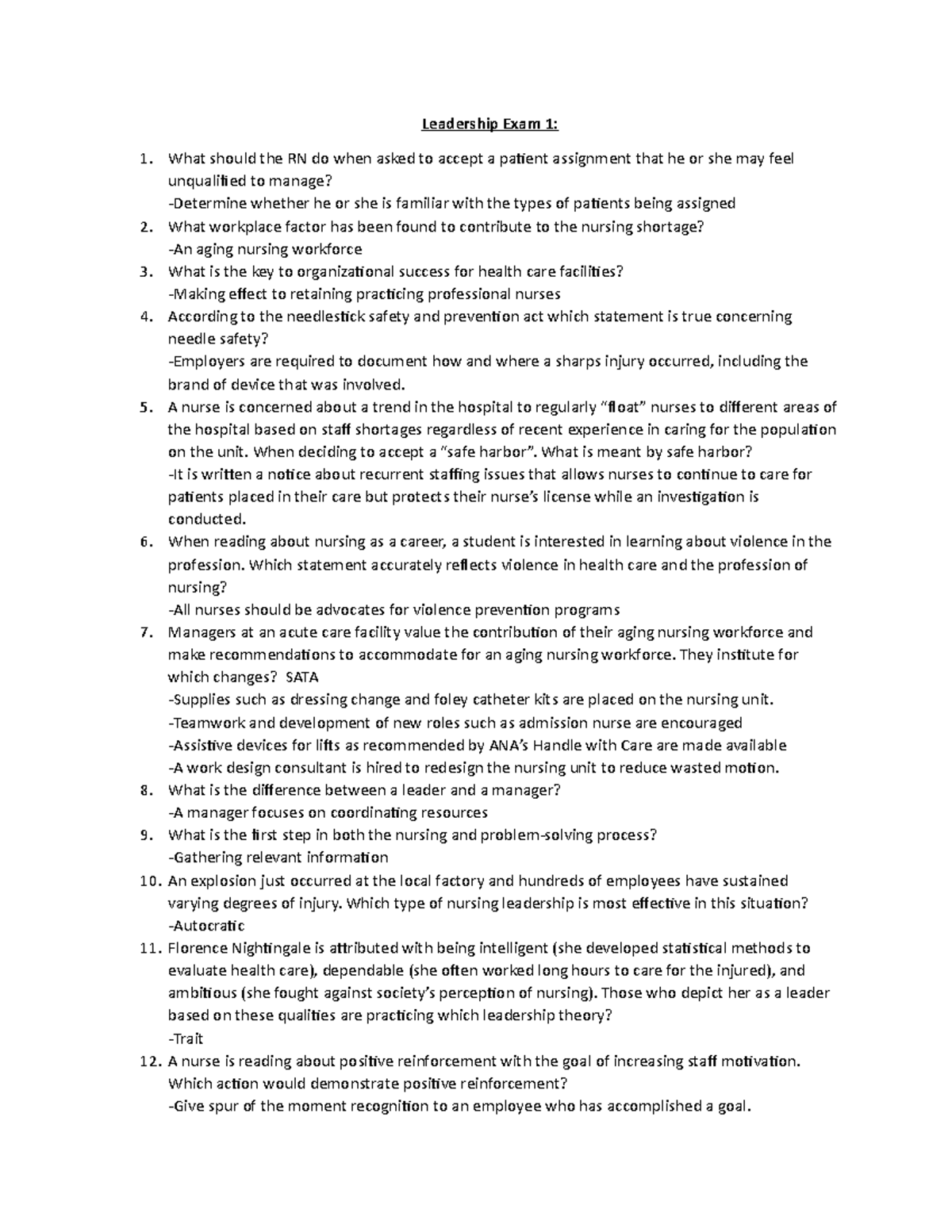 Leadership Exam 1: Key Concepts and Strategies in Nursing Management ...