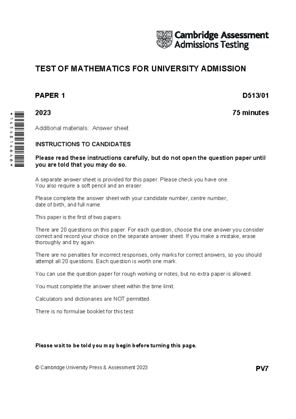 TMUA 2023 - Test of Mathematics for University Admission, Paper 1 - Studocu