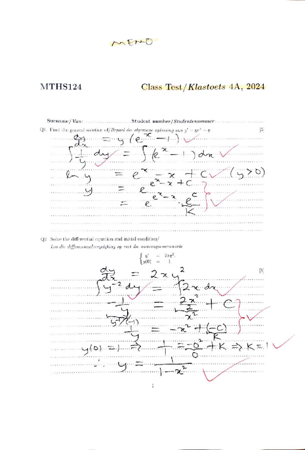 MTHS124 Class Test 4A Memo Solutions and Explanations - Studocu