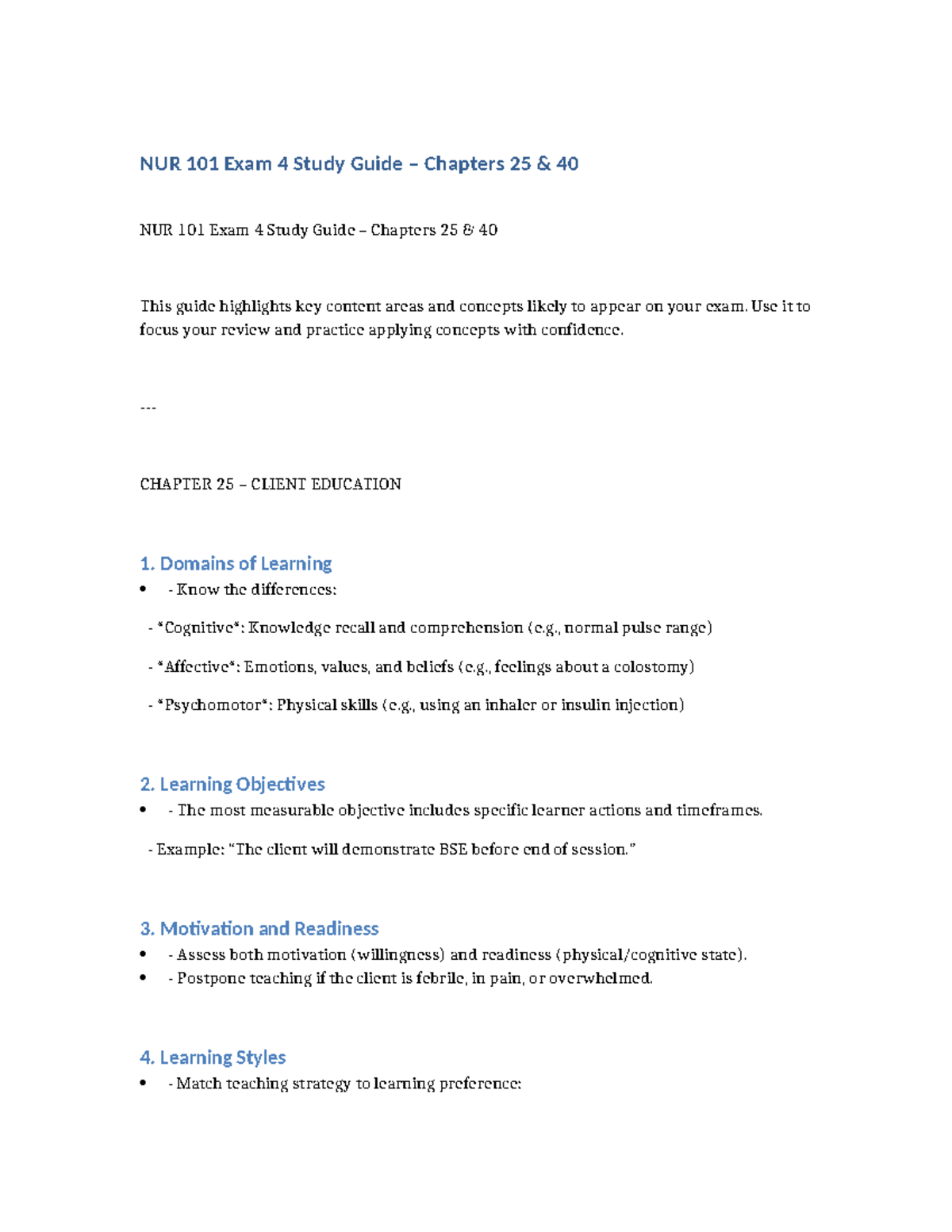 NUR 101 Exam 4 Study Guide: Key Concepts from Chapters 25-40 - Studocu