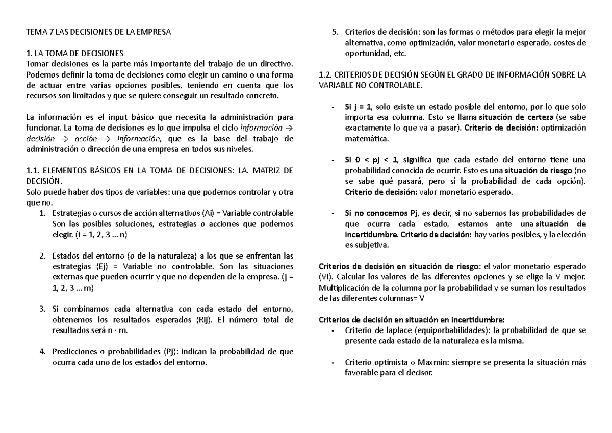 TEMA 7: Fundamentos de la Toma de Decisiones en Empresas - Studocu