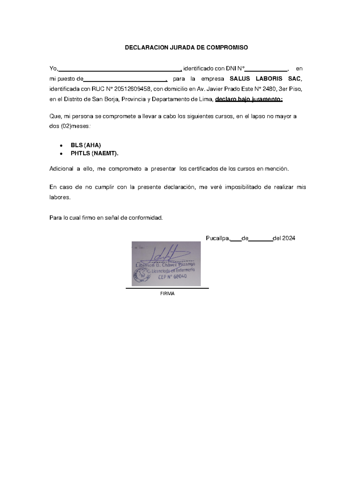 Declaración Jurada de Compromiso - SALUS LABORIS SAC - Studocu