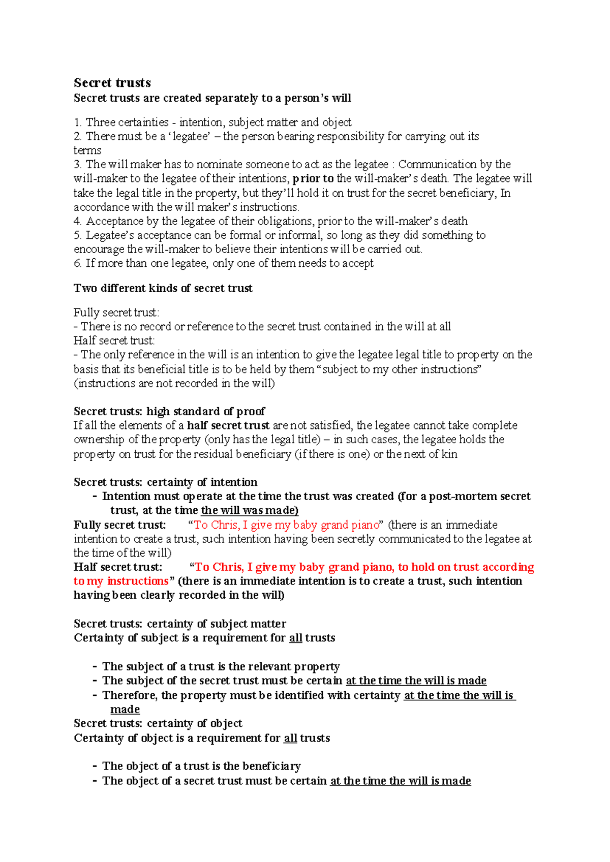 Secret Trusts Exam Notes: Key Principles and Requirements - Studocu