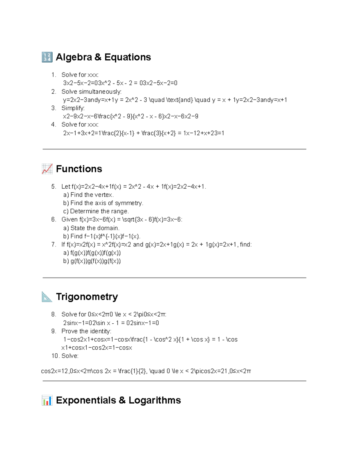 Year 11 Maths Questions: Algebra, Trig, Exponents & Logs - Studocu