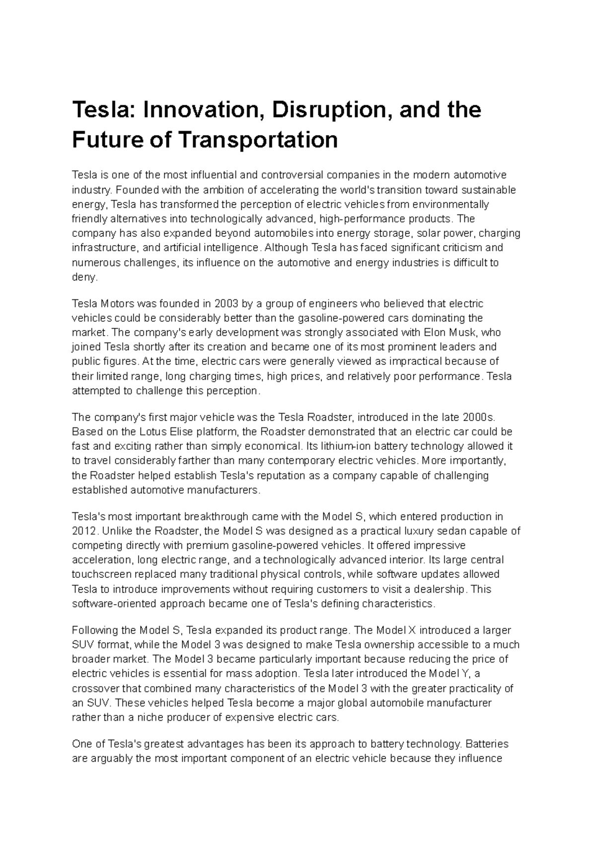 Tesla: Innovation and Disruption in Transportation - Essay Notes - Studocu