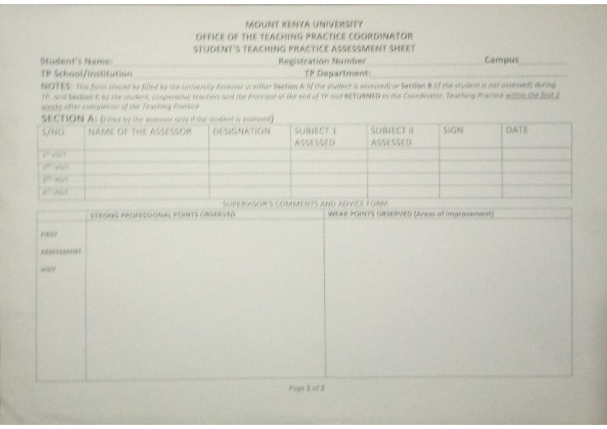 Teaching Practice Assessment Sheet - MOUNT KENYA UNIVERSITY - Studocu