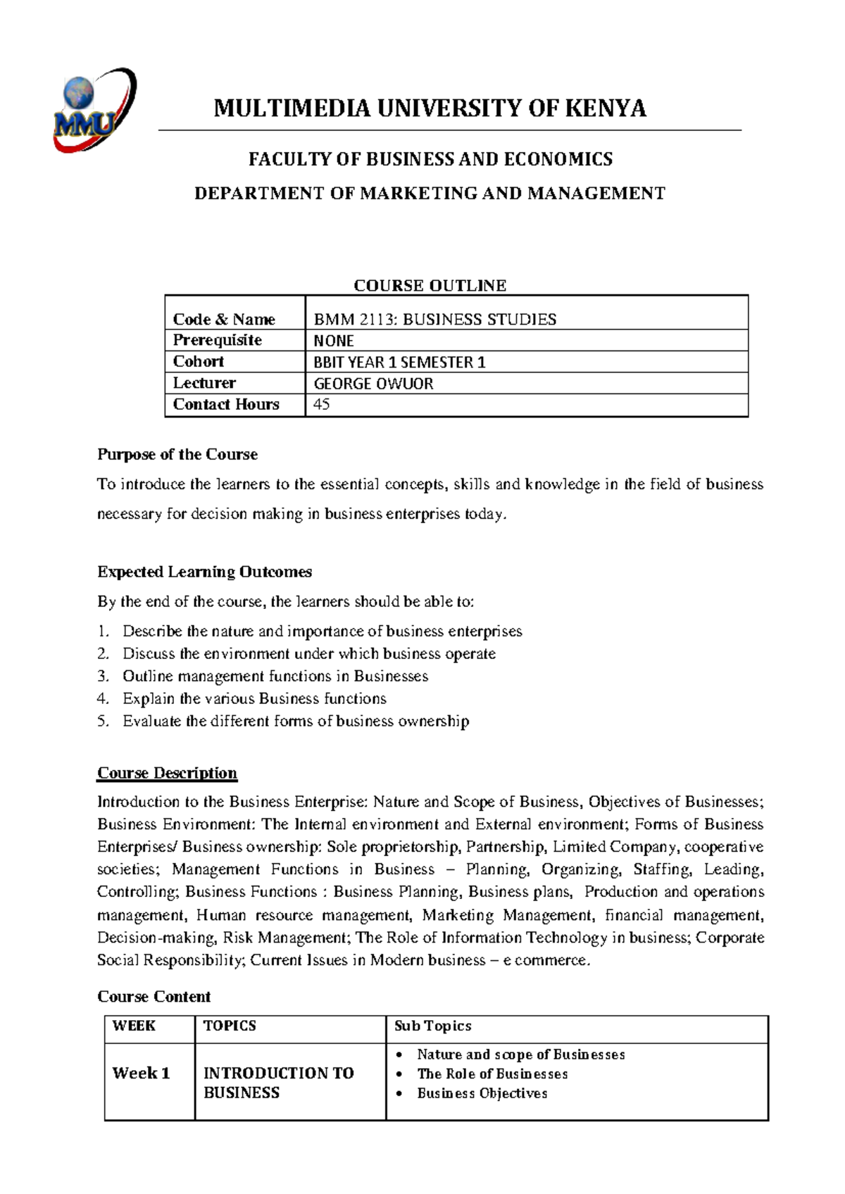 BMM 2113: Business Studies Course Outline - Studocu