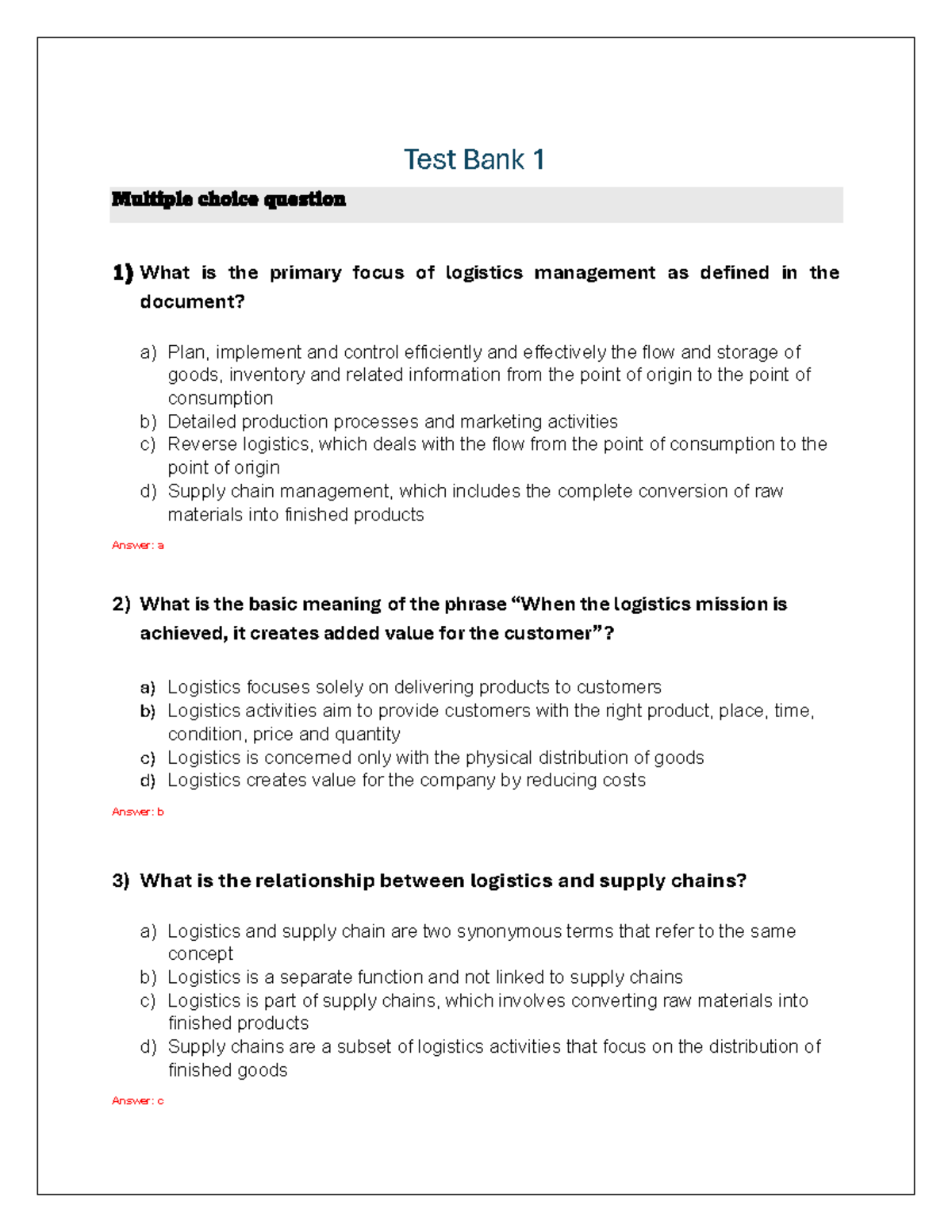 Test Bank 1: Logistics Management Questions and Answers - Studocu