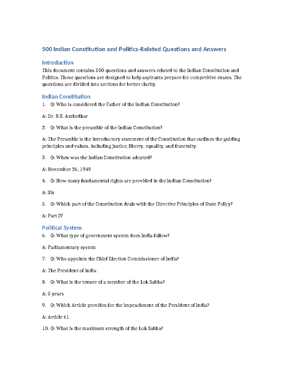 Indian Constitution and Politics QA - These questions are designed to ...