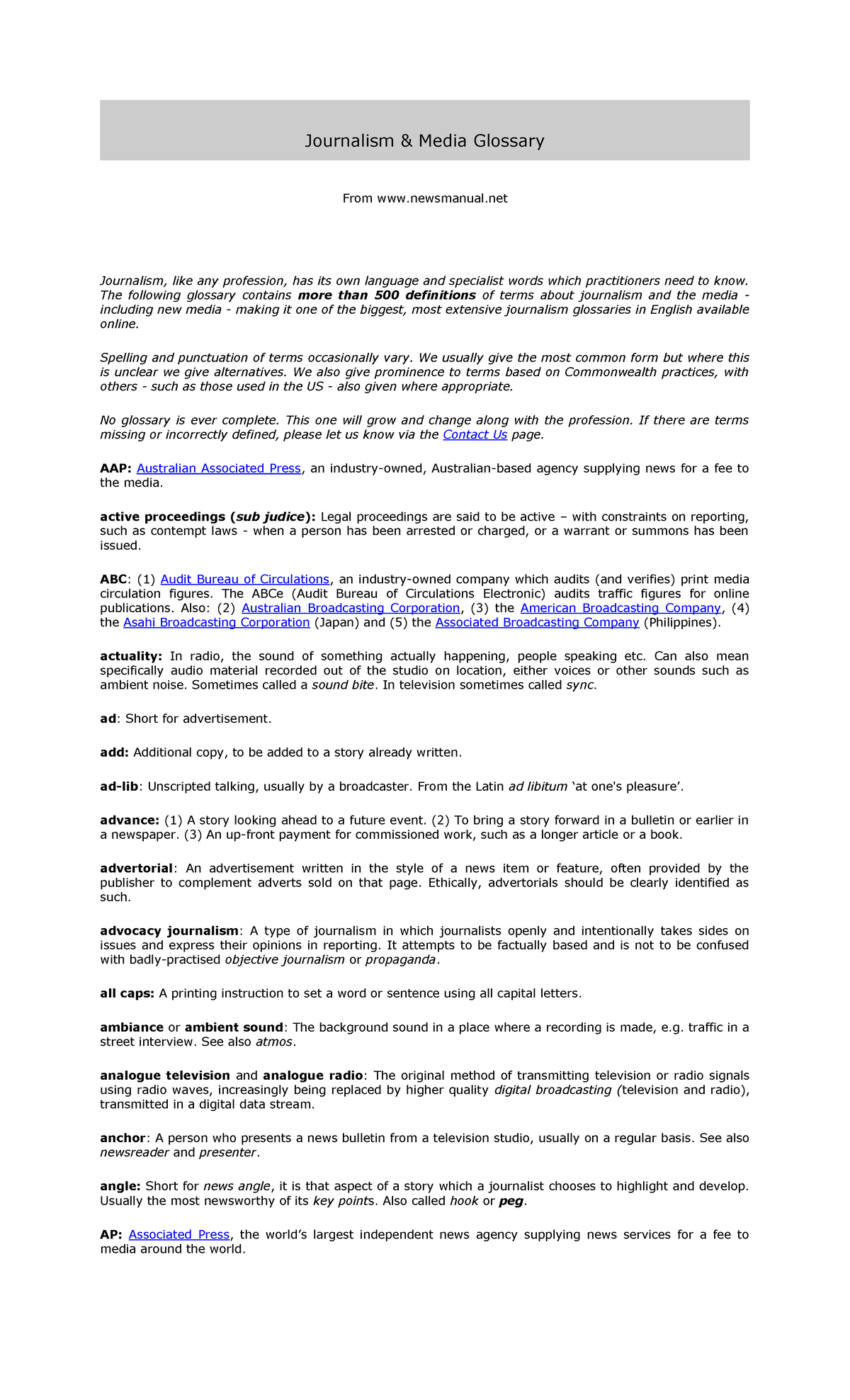 Journalism Media Glossary: Key Terms and Definitions for Students - Studocu