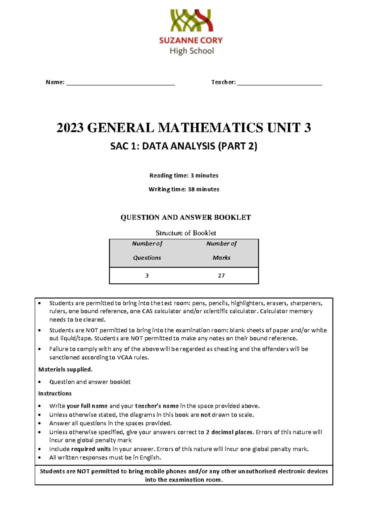 2023 GENERAL MATHEMATICS UNIT 3 SAC 1: DATA ANALYSIS PART 2 - Studocu