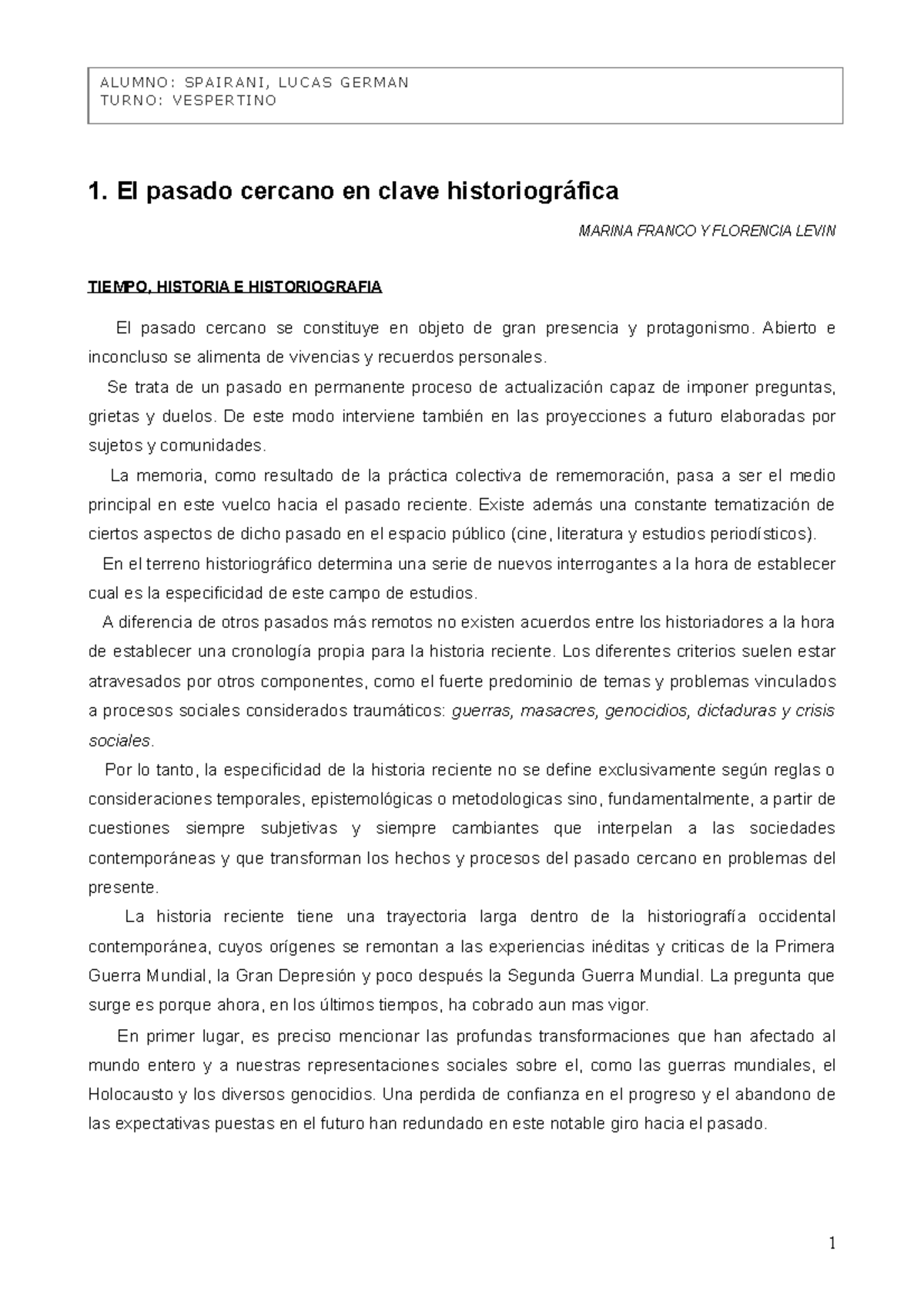 Resumen - 1. El Pasado Cercano en Clave Historiográfica: Reflexiones Académicas - Document Preview
