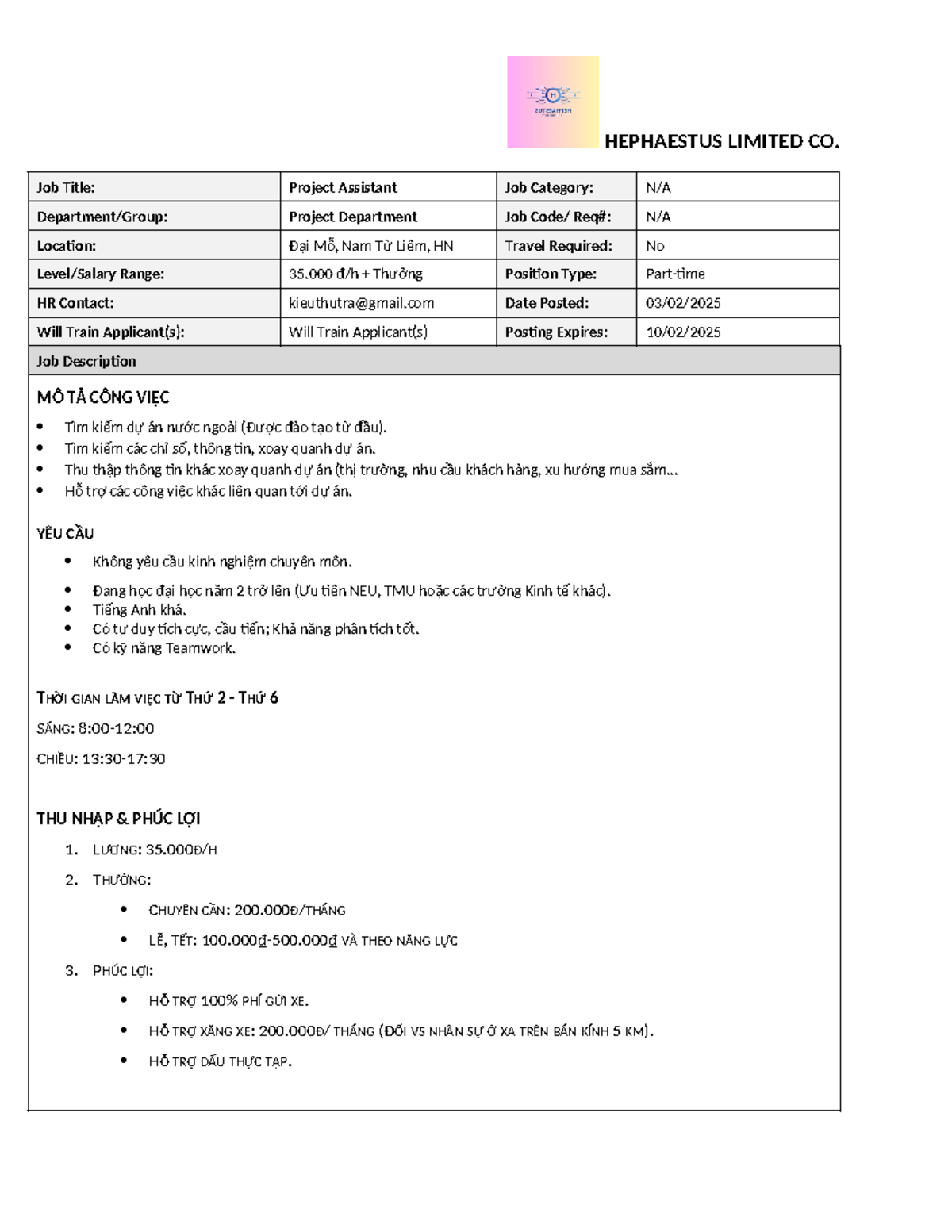 Project Assistant Job Description - Hephaestus Ltd - Studocu