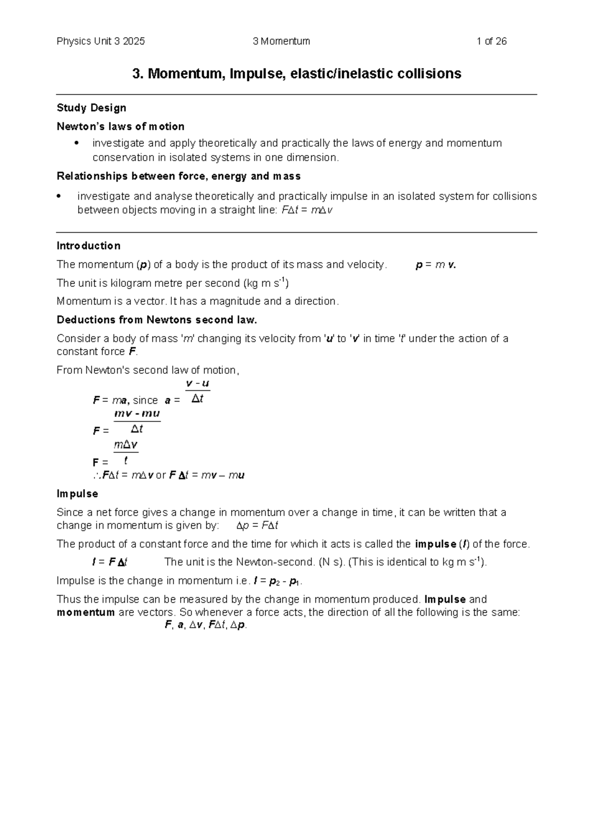 Physics Unit 3 2025: Momentum Study Notes and Key Concepts - Studocu