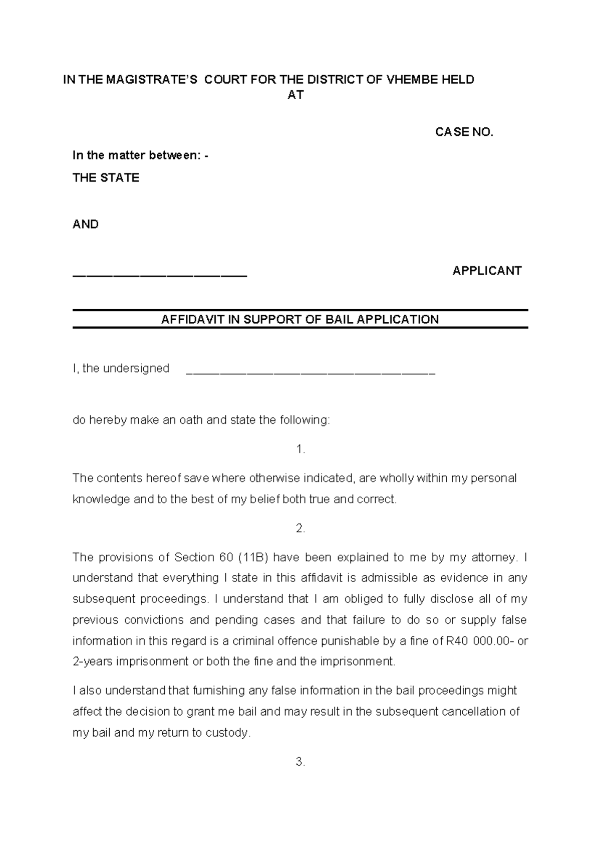 Affidavit in Support of Bail Application - Case No. [Insert Case No ...