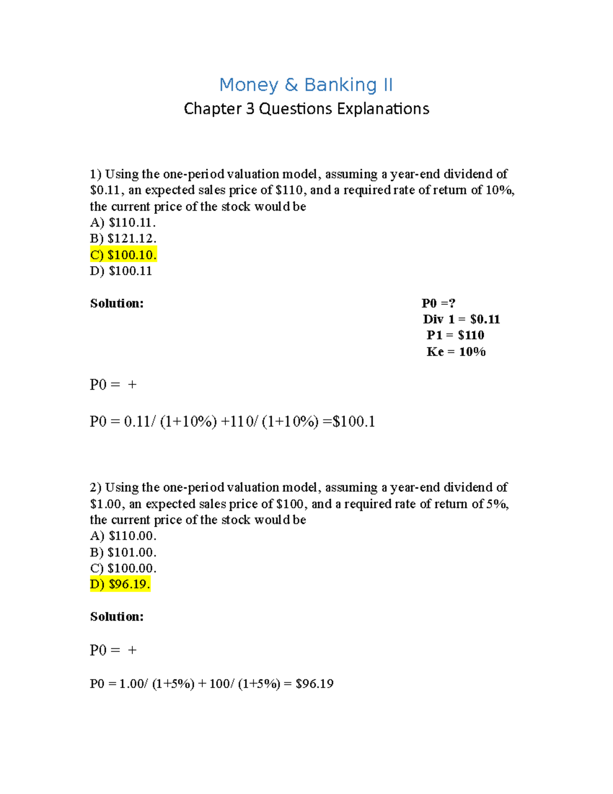 Money & Banking II: Chapter 3 - Valuation Model Examples & Solutions ...