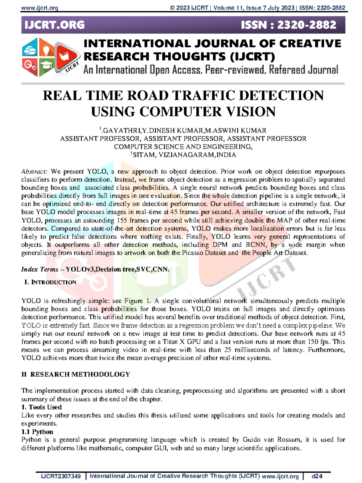 Ijcrt 2307349 - paper - REAL TIME ROAD TRAFFIC DETECTION USING COMPUTER ...