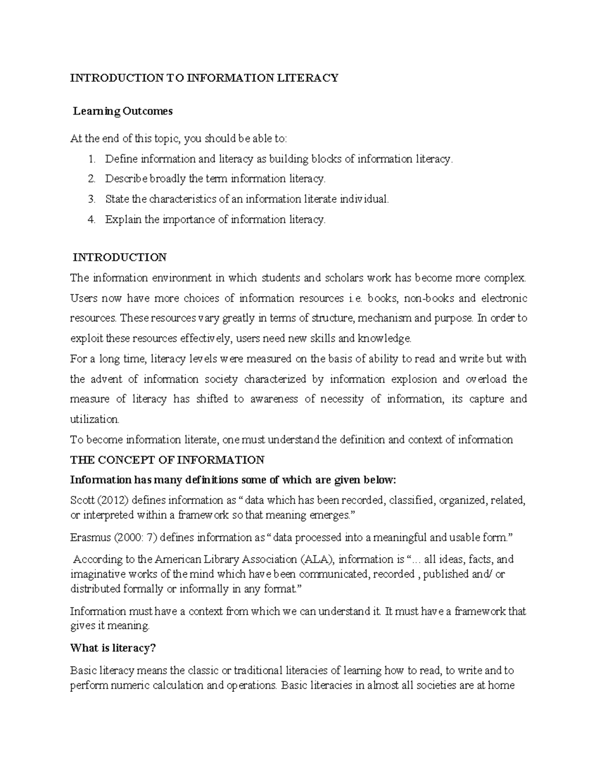 Topic 1: Understanding Information Literacy Concepts and Skills - Studocu
