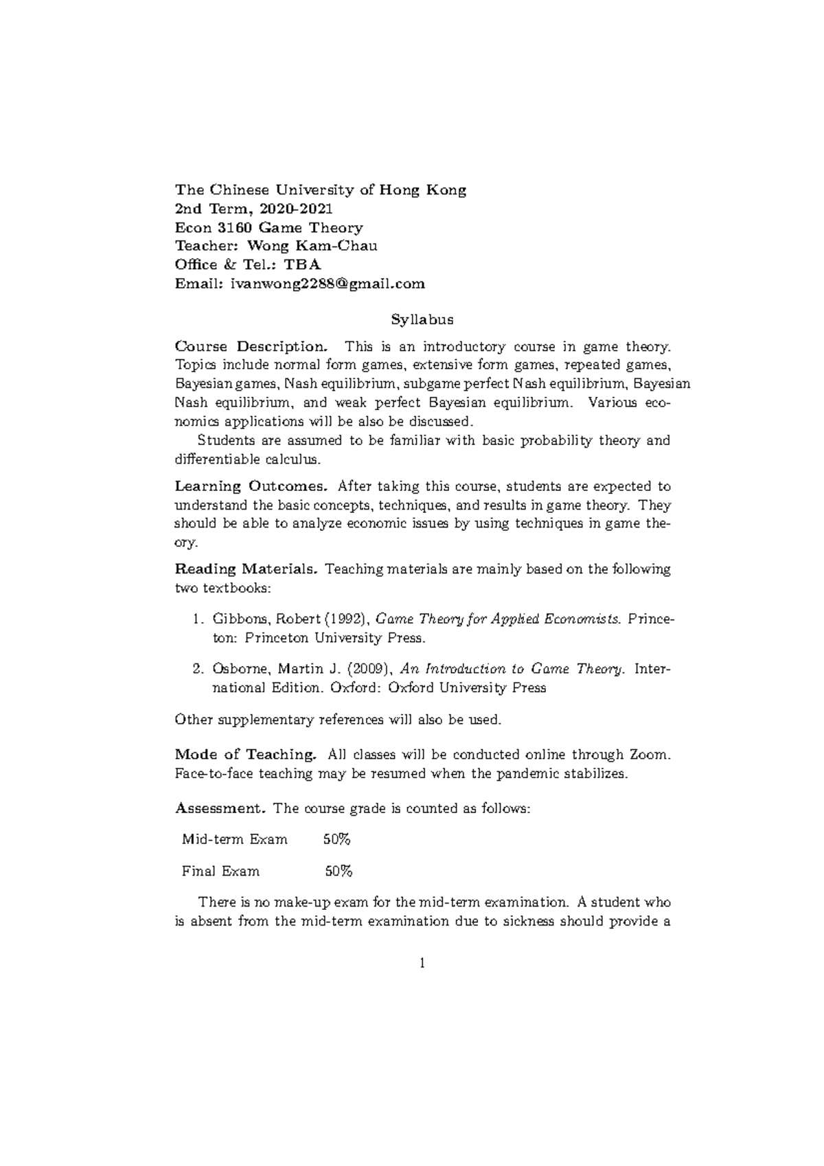 Econ3160-20 - Game Theory Course Outline and Syllabus - 2nd Term - Studocu