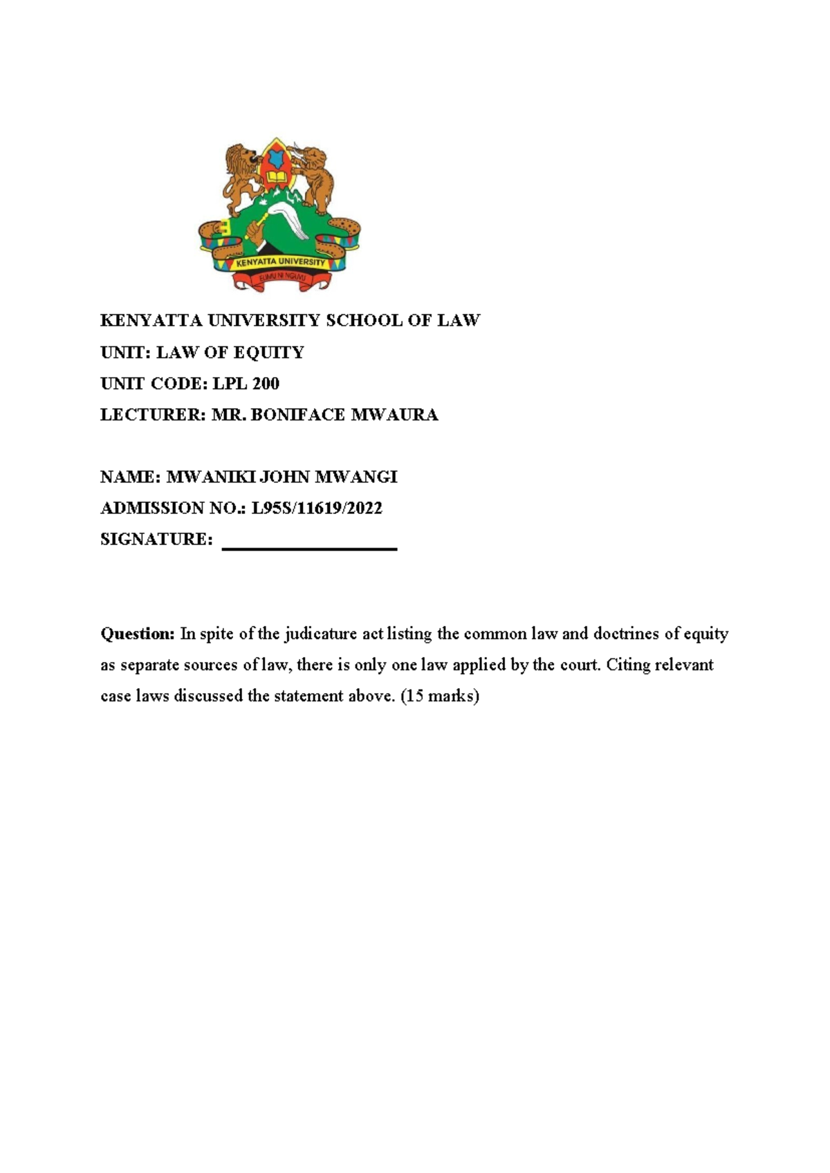 LPL 200 Equity Assignment: Integrating Common Law and Equity Principles ...