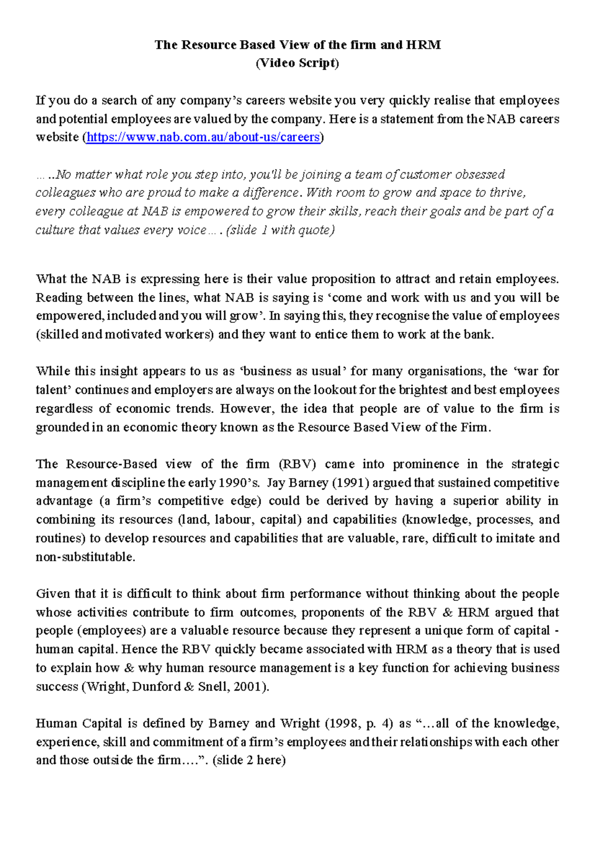 Resource Based View of the Firm & HRM (Video Script) - 2025 - Studocu