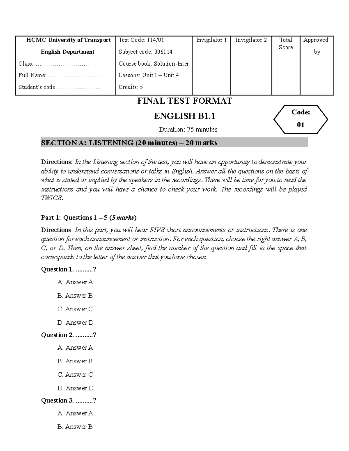 English B1.1 - Final Test Format 2020 Overview and Sections - Studocu