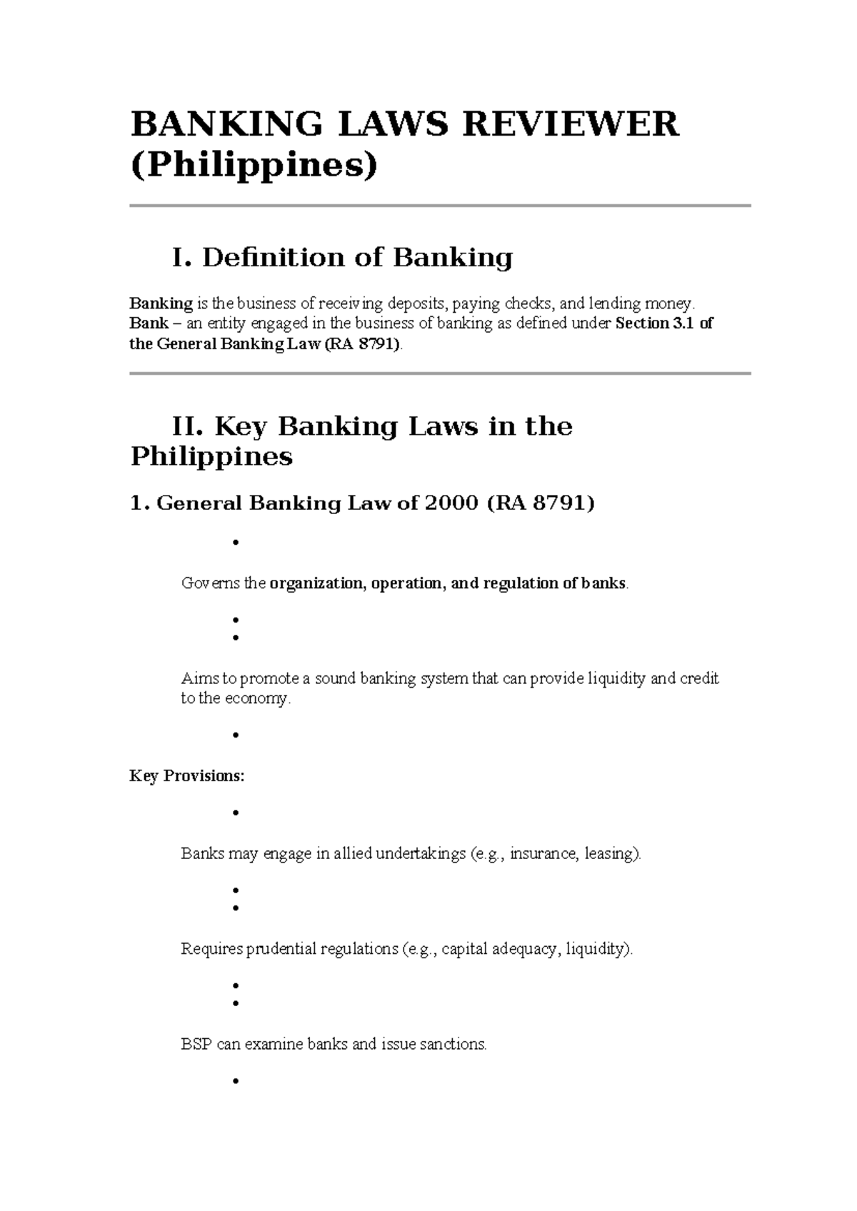 BANKING LAWS REVIEWER (Philippines) - Key Regulations & Definitions ...