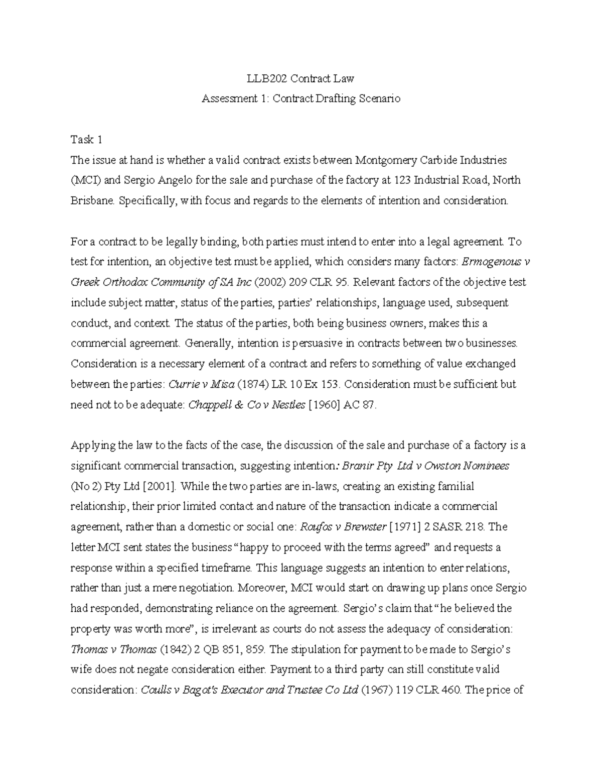 LLB202 Contract law assessment 1: Validity of contract between MCI and ...
