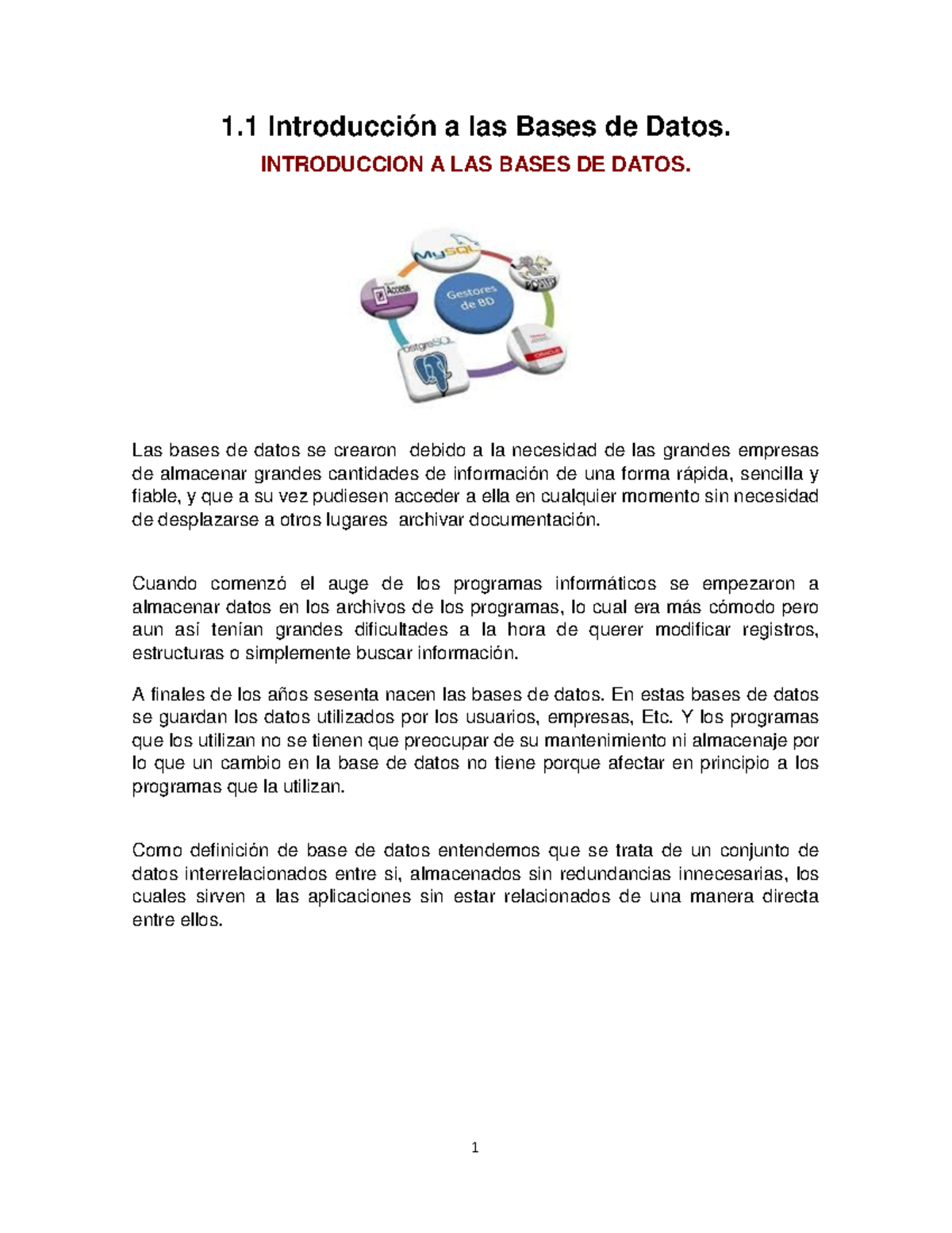 1.1 Introduccion a las Bases de Datos - INTRODUCCION A LAS BASES DE ...