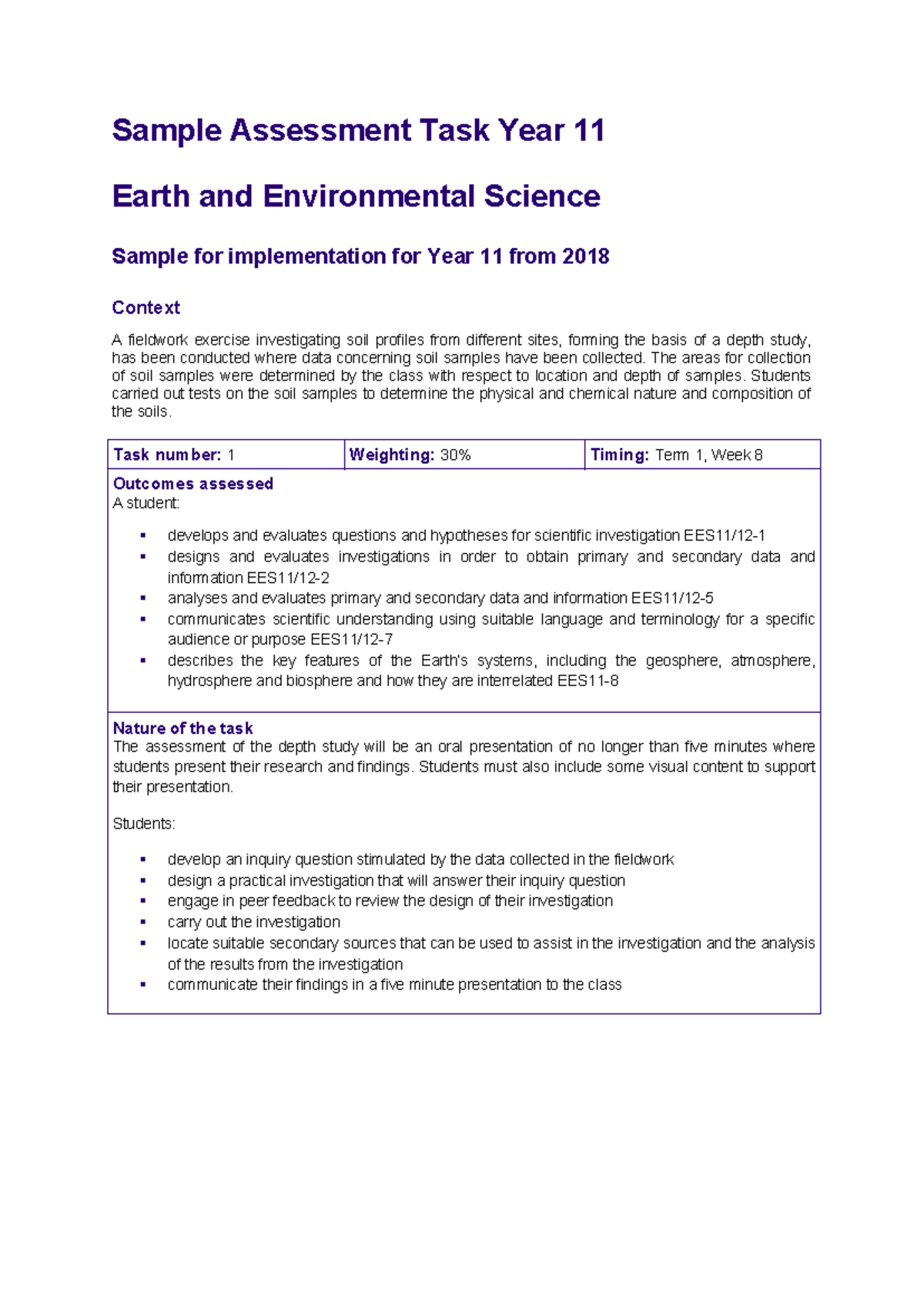 Year 11 Earth & Environmental Science Sample Assessment Task - Module 1 ...