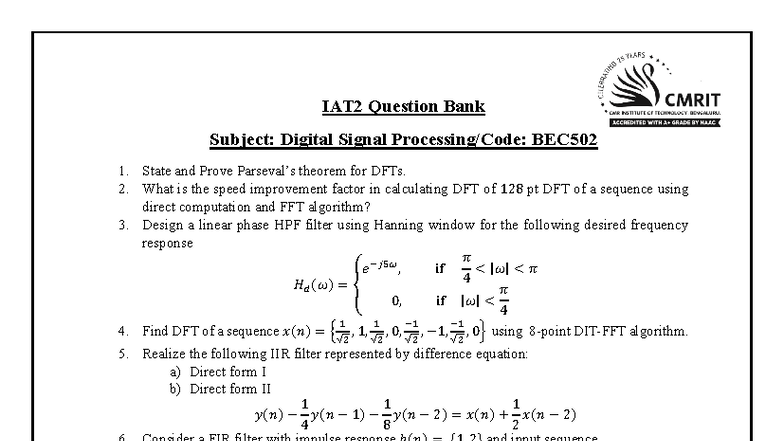 IAT2 Question Bank: Digital Signal Processing BEC502 - Studocu