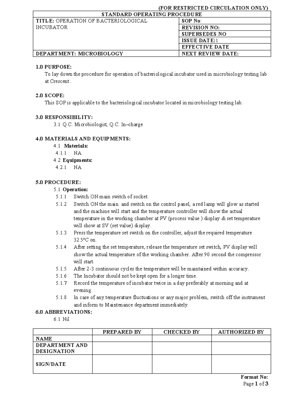 SOP: Operation of Bacteriological Incubator - Microbiology Dept. - Studocu