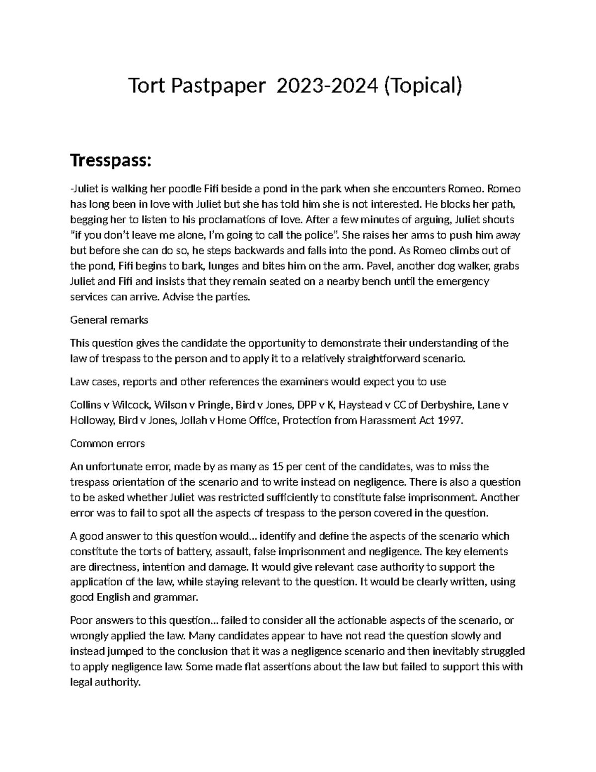 Tort Pastpaper 2023-2024: Analysis of Trespass and Negligence Cases ...