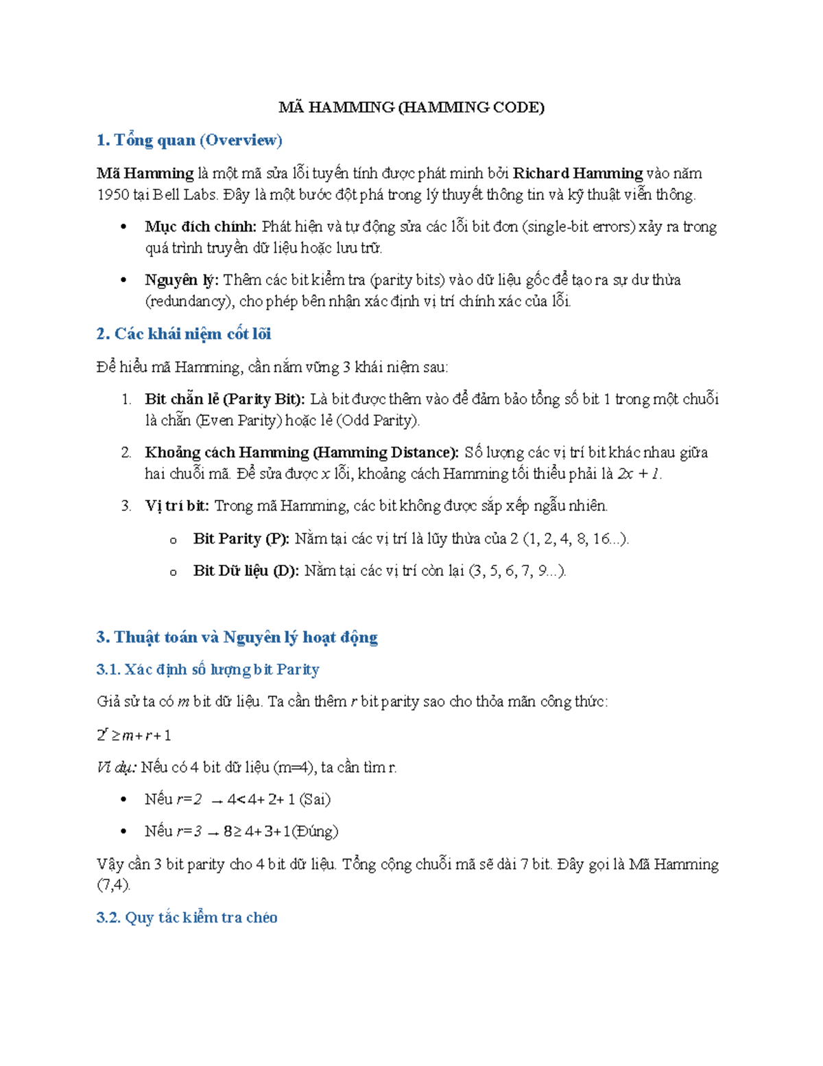 Mã Hamming (HAMMING CODE): Tổng Quan và Nguyên Lý Hoạt Động - Studocu